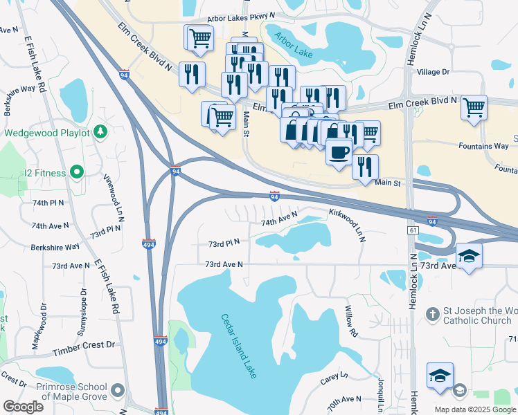 map of restaurants, bars, coffee shops, grocery stores, and more near 12648 74th Avenue North in Maple Grove