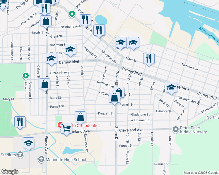 map of restaurants, bars, coffee shops, grocery stores, and more near 1141 Garfield Avenue in Marinette