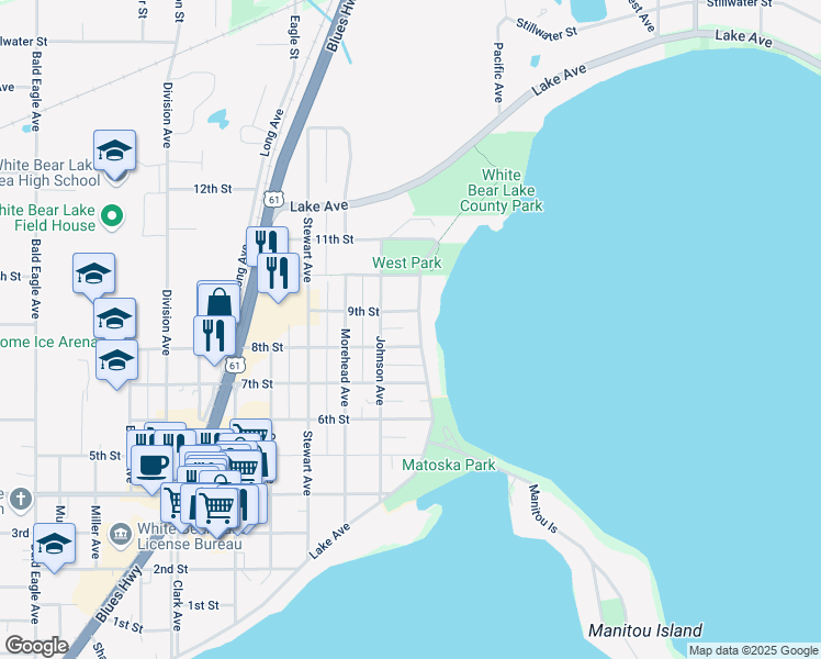 map of restaurants, bars, coffee shops, grocery stores, and more near 4911 Lake Avenue in White Bear Lake