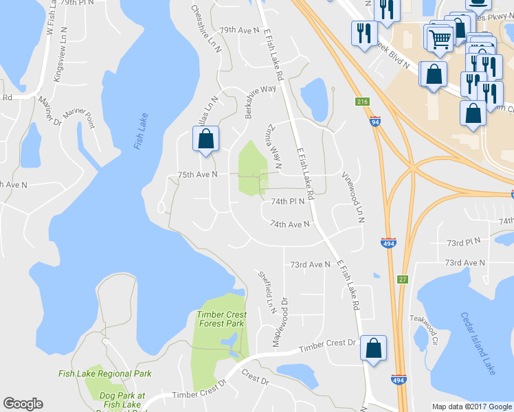 map of restaurants, bars, coffee shops, grocery stores, and more near 13859 74th Avenue North in Osseo