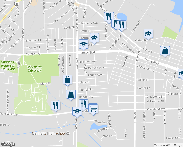 map of restaurants, bars, coffee shops, grocery stores, and more near 1512 Logan Avenue in Marinette