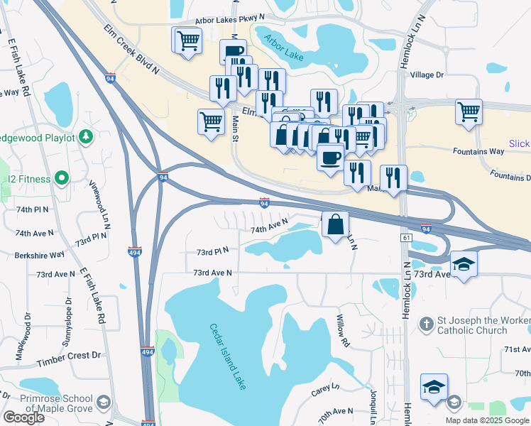 map of restaurants, bars, coffee shops, grocery stores, and more near 12528 74th Avenue North in Maple Grove