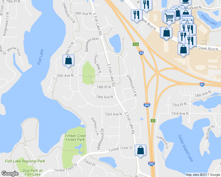 map of restaurants, bars, coffee shops, grocery stores, and more near 13617 74th Place North in Osseo