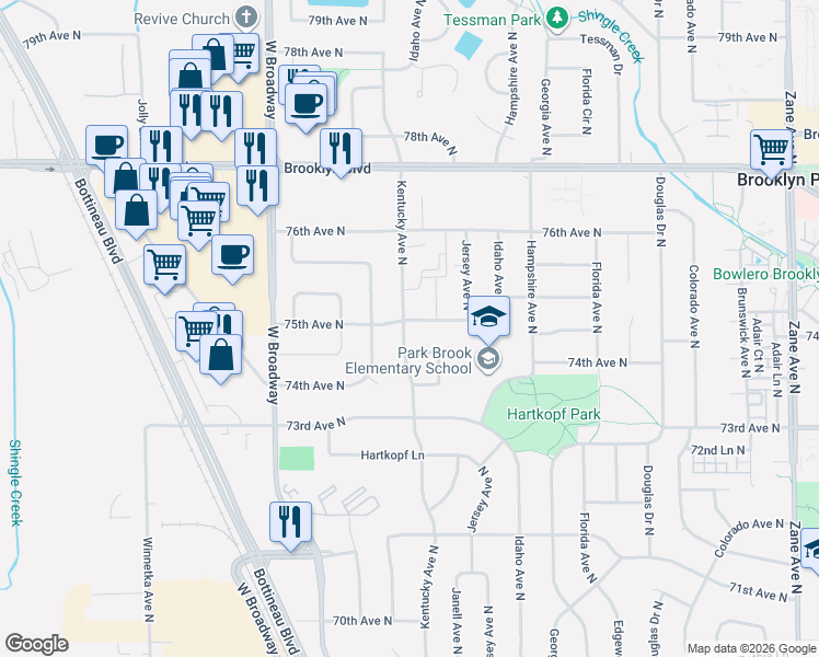 map of restaurants, bars, coffee shops, grocery stores, and more near 7481 Kentucky Avenue North in Minneapolis
