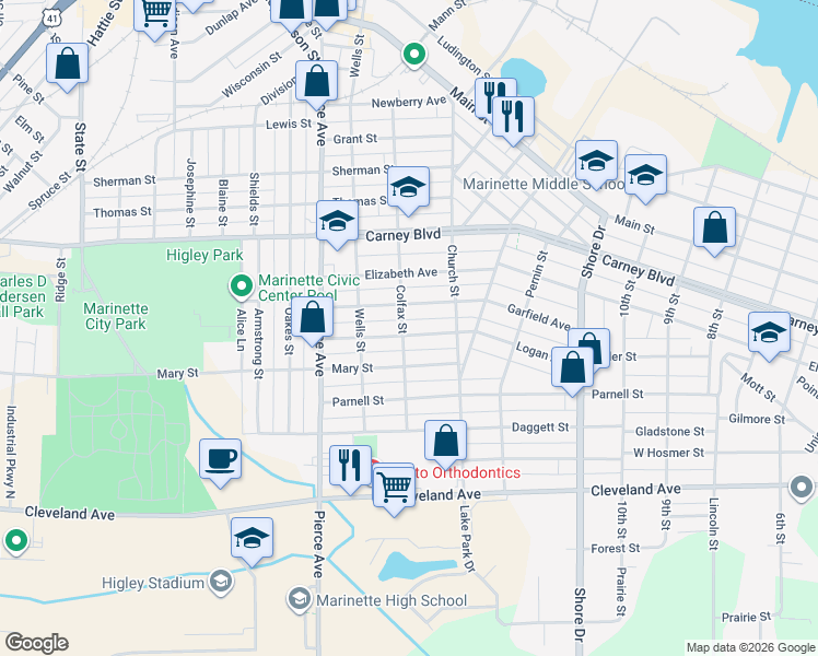 map of restaurants, bars, coffee shops, grocery stores, and more near 1428 Logan Avenue in Marinette