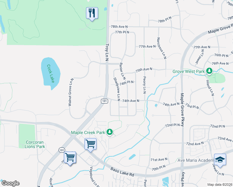 map of restaurants, bars, coffee shops, grocery stores, and more near 7425 Shadyview Lane North in Maple Grove