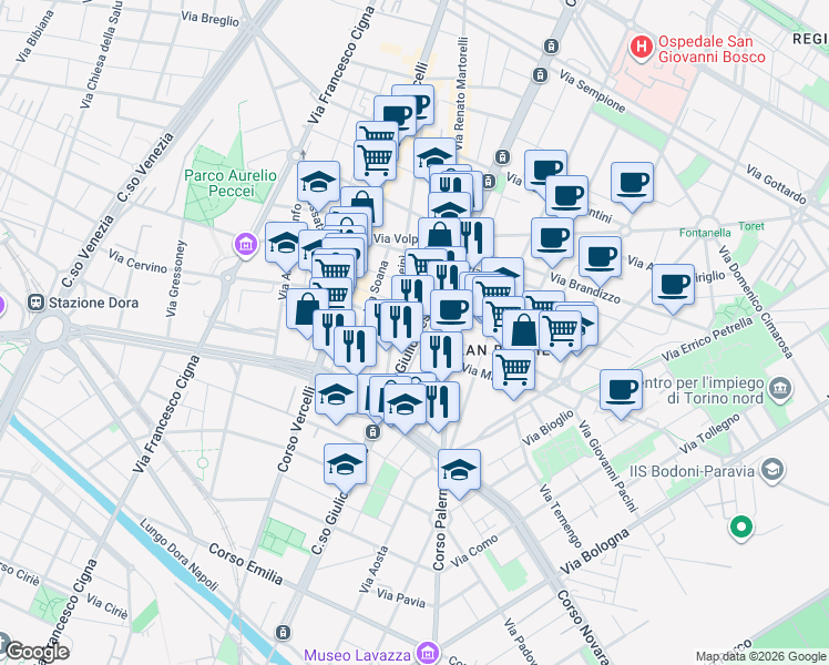 map of restaurants, bars, coffee shops, grocery stores, and more near 91 Corso Giulio Cesare in Torino