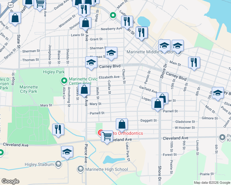 map of restaurants, bars, coffee shops, grocery stores, and more near 1428 Logan Avenue in Marinette