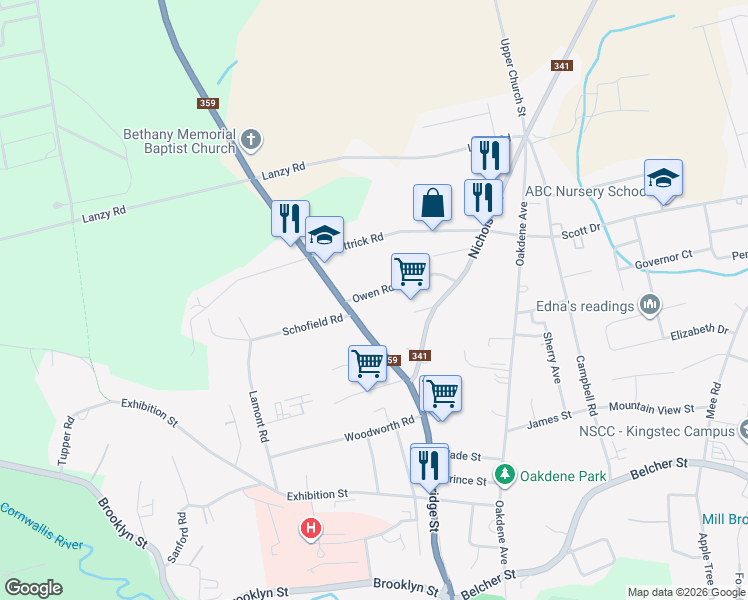 map of restaurants, bars, coffee shops, grocery stores, and more near 1185 Owen Road in Kentville