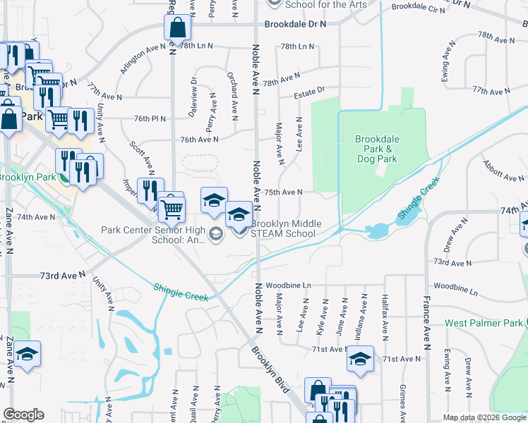 map of restaurants, bars, coffee shops, grocery stores, and more near 7424 Noble Ave N in Minneapolis
