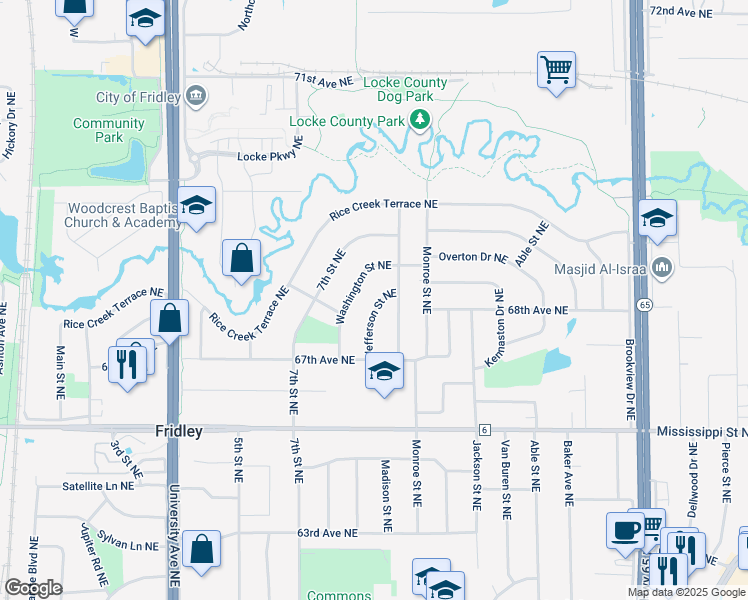 map of restaurants, bars, coffee shops, grocery stores, and more near 6820 Jefferson Street Northeast in Fridley