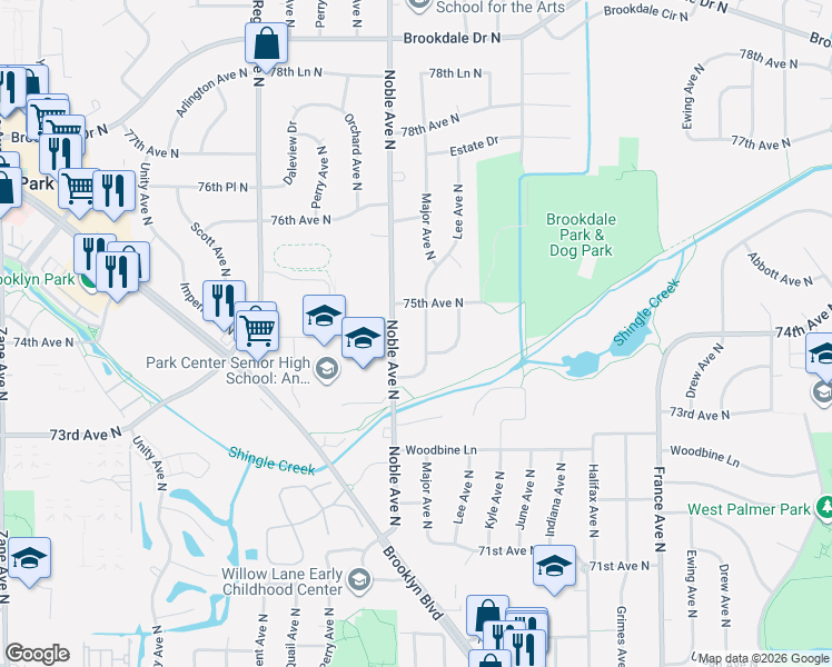 map of restaurants, bars, coffee shops, grocery stores, and more near 7424 Noble Avenue North in Minneapolis