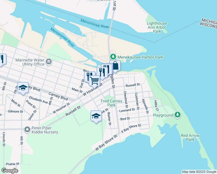 map of restaurants, bars, coffee shops, grocery stores, and more near 32 West Russell Street in Marinette