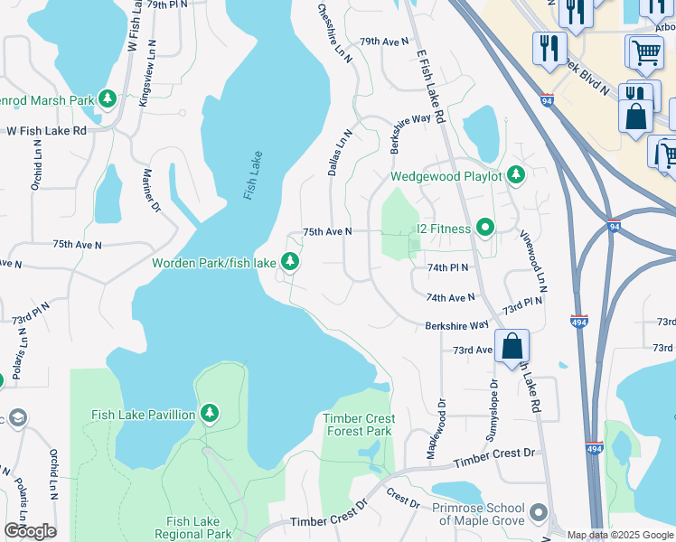 map of restaurants, bars, coffee shops, grocery stores, and more near 7475 Dallas Lane North in Maple Grove