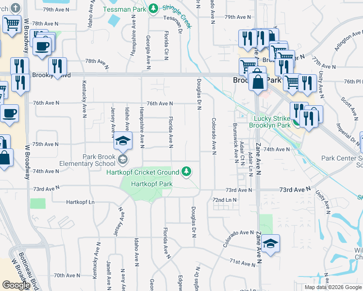 map of restaurants, bars, coffee shops, grocery stores, and more near 7425 Edgewood Avenue North in Minneapolis