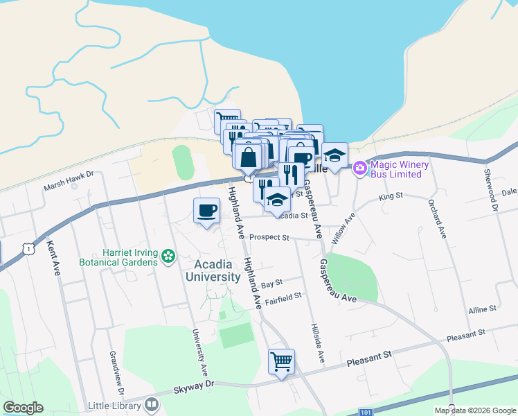 map of restaurants, bars, coffee shops, grocery stores, and more near 22 Linden Avenue in Wolfville