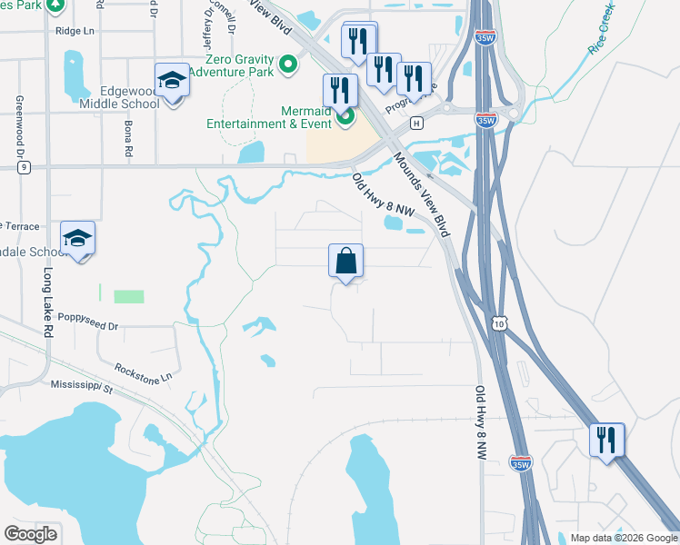 map of restaurants, bars, coffee shops, grocery stores, and more near 2100-2198 Dickens Lane in Mounds View