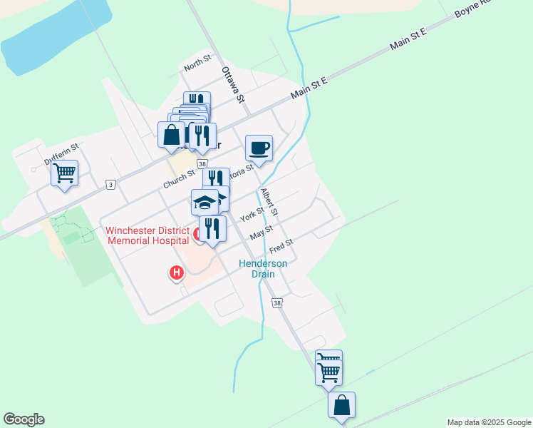 map of restaurants, bars, coffee shops, grocery stores, and more near 560 Albert Street in Winchester