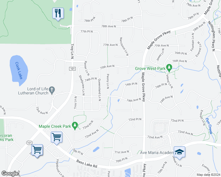 map of restaurants, bars, coffee shops, grocery stores, and more near 7444 Peony Lane North in Maple Grove