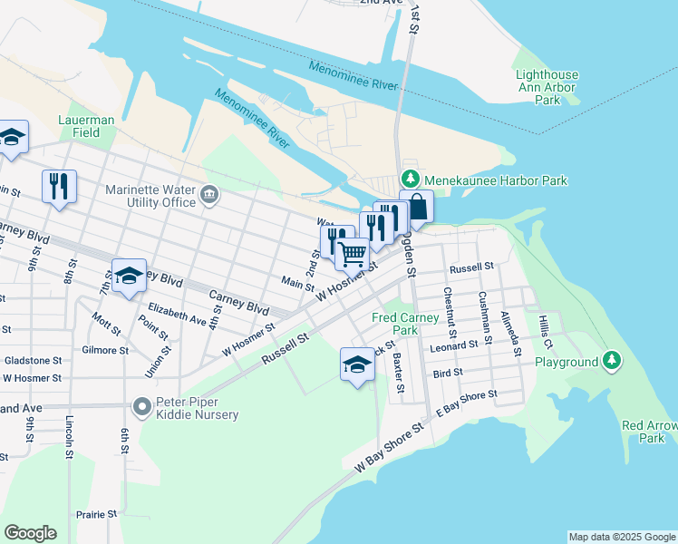 map of restaurants, bars, coffee shops, grocery stores, and more near 1113 1st Street in Marinette