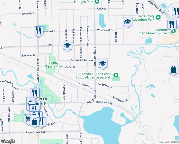 map of restaurants, bars, coffee shops, grocery stores, and more near 2403 17th Avenue Northwest in New Brighton