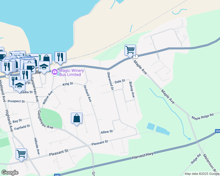 map of restaurants, bars, coffee shops, grocery stores, and more near 26 Sherwood Drive in Wolfville