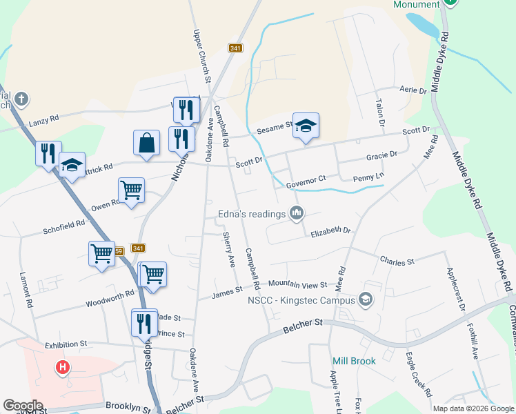map of restaurants, bars, coffee shops, grocery stores, and more near 135 Campbell Road in Kentville