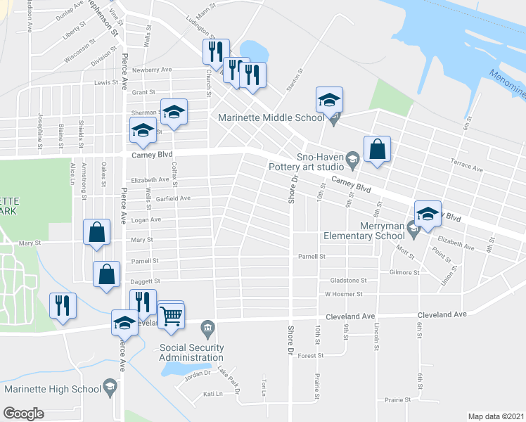 map of restaurants, bars, coffee shops, grocery stores, and more near 1141 Garfield Avenue in Marinette
