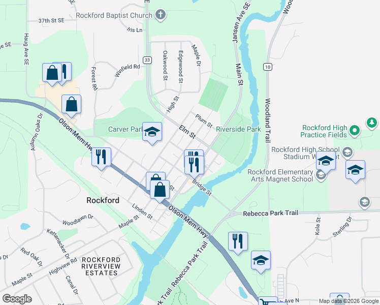 map of restaurants, bars, coffee shops, grocery stores, and more near 6221 Main Street in Rockford