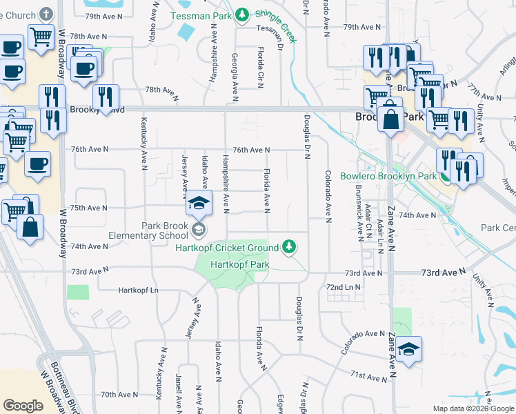 map of restaurants, bars, coffee shops, grocery stores, and more near 6508 74th 1/2 Avenue North in Minneapolis