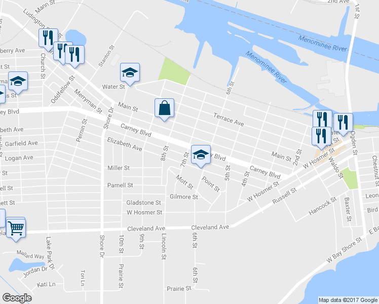map of restaurants, bars, coffee shops, grocery stores, and more near 637 Carney Boulevard in Marinette