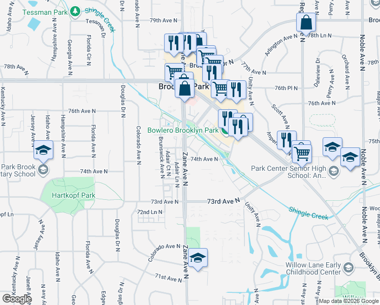map of restaurants, bars, coffee shops, grocery stores, and more near 5705 75th Lane North in Brooklyn Park