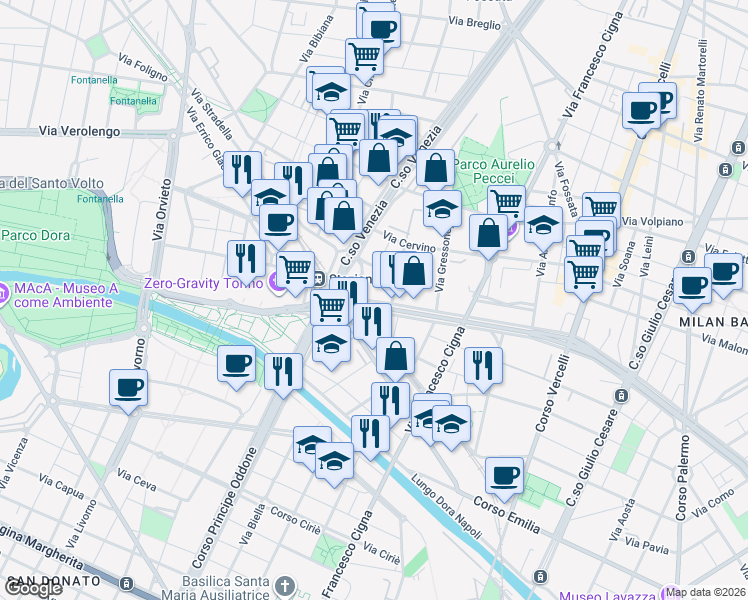 map of restaurants, bars, coffee shops, grocery stores, and more near 58 Corso Vigevano in Torino