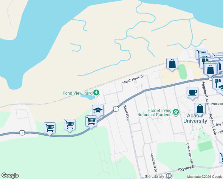 map of restaurants, bars, coffee shops, grocery stores, and more near 7 Harris Place in Wolfville