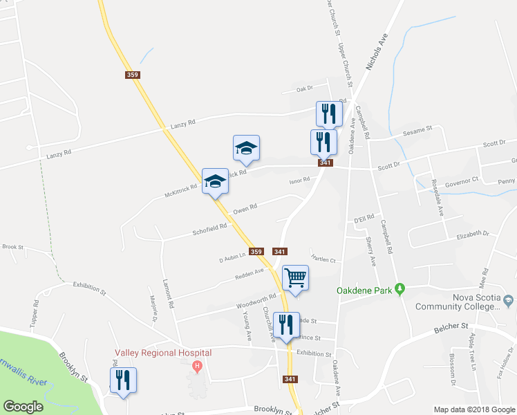 map of restaurants, bars, coffee shops, grocery stores, and more near 1185 Owen Road in Kentville