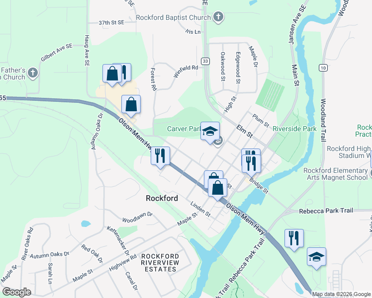 map of restaurants, bars, coffee shops, grocery stores, and more near 8640 Walnut Street in Rockford