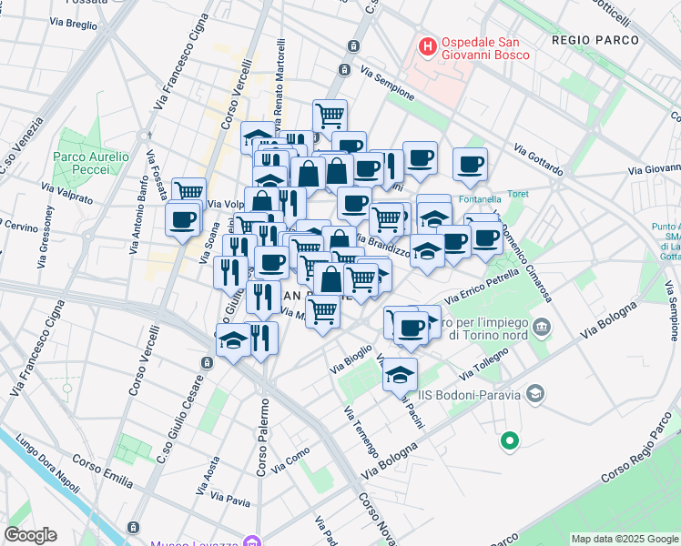 map of restaurants, bars, coffee shops, grocery stores, and more near 9 Via Candia in Torino