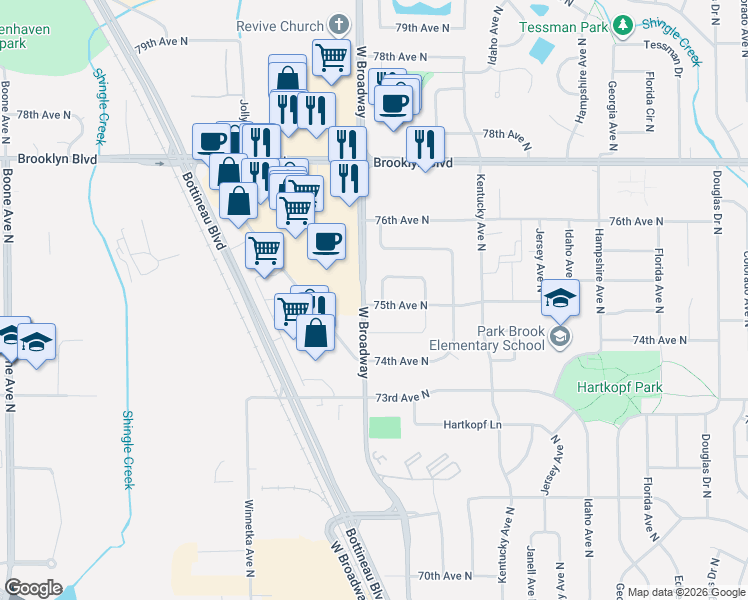 map of restaurants, bars, coffee shops, grocery stores, and more near in Brooklyn Park