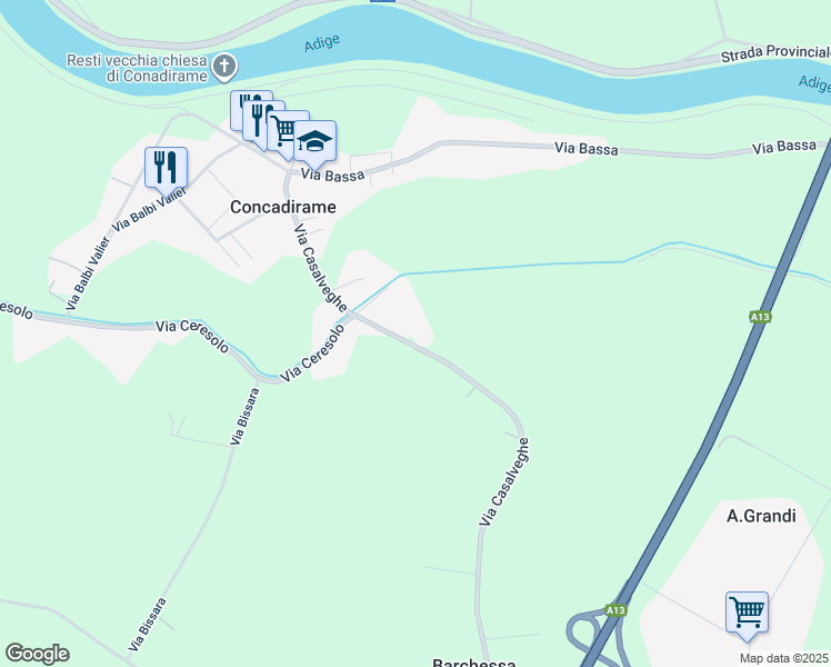 map of restaurants, bars, coffee shops, grocery stores, and more near 35 Via Casalveghe in Concadirame