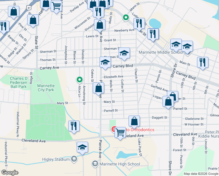 map of restaurants, bars, coffee shops, grocery stores, and more near 1608 Logan Avenue in Marinette
