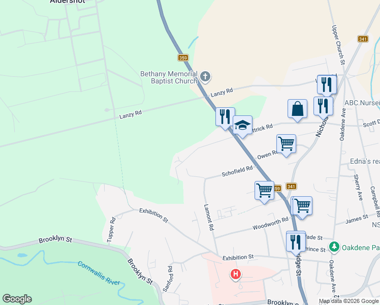 map of restaurants, bars, coffee shops, grocery stores, and more near 1312 McKittrick Road in Kentville