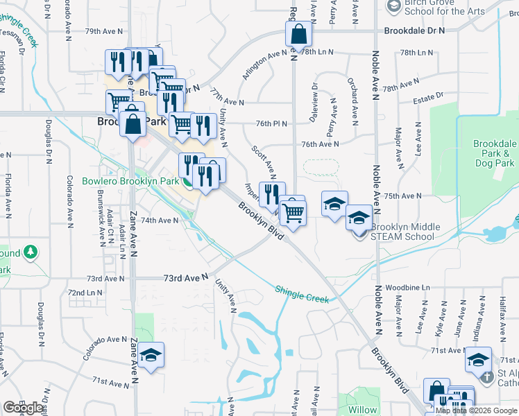 map of restaurants, bars, coffee shops, grocery stores, and more near 7449 Imperial Drive North in Brooklyn Park