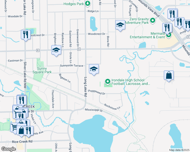 map of restaurants, bars, coffee shops, grocery stores, and more near 2425 Long Lake Road in New Brighton