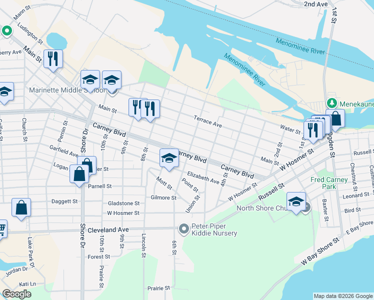 map of restaurants, bars, coffee shops, grocery stores, and more near 603 Carney Boulevard in Marinette