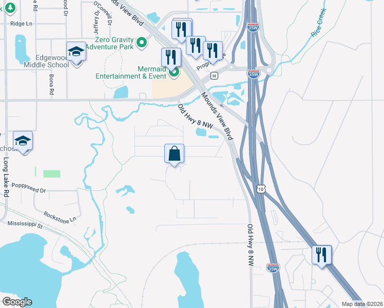 map of restaurants, bars, coffee shops, grocery stores, and more near 2145 Dickens Lane in Mounds View