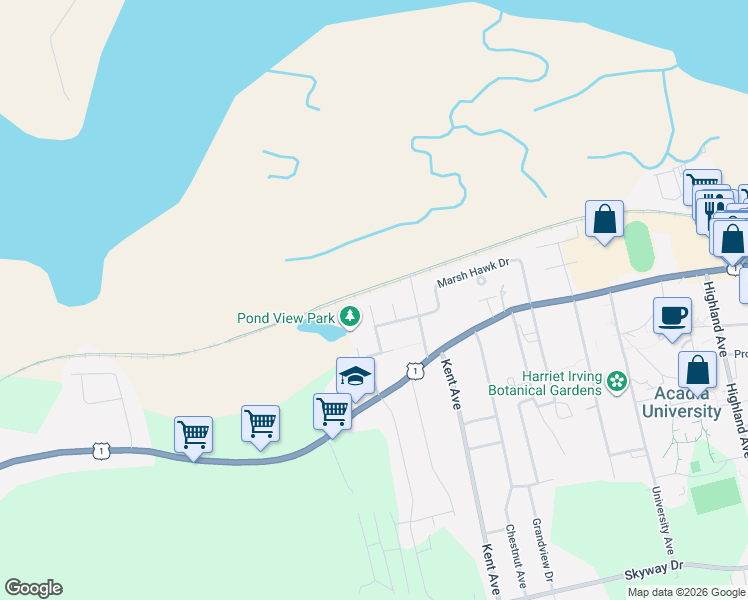map of restaurants, bars, coffee shops, grocery stores, and more near 72 Chambers Close in Wolfville