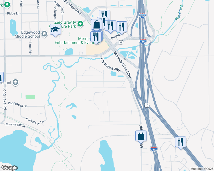 map of restaurants, bars, coffee shops, grocery stores, and more near 2145 Dickens Lane in Mounds View