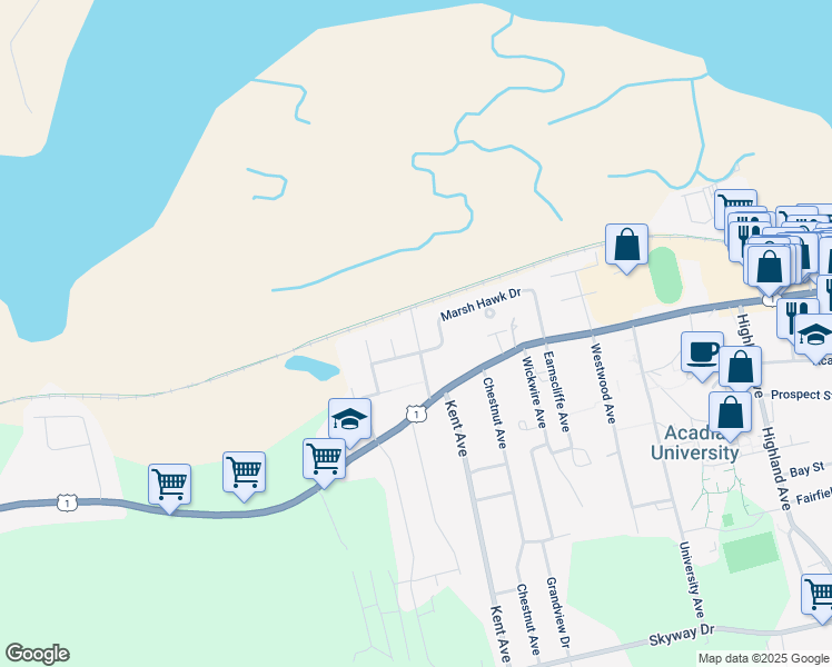 map of restaurants, bars, coffee shops, grocery stores, and more near 36 Cherry Lane in Wolfville