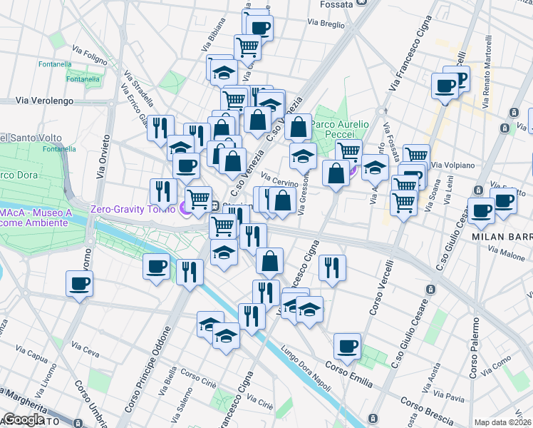 map of restaurants, bars, coffee shops, grocery stores, and more near 58 Corso Vigevano in Torino