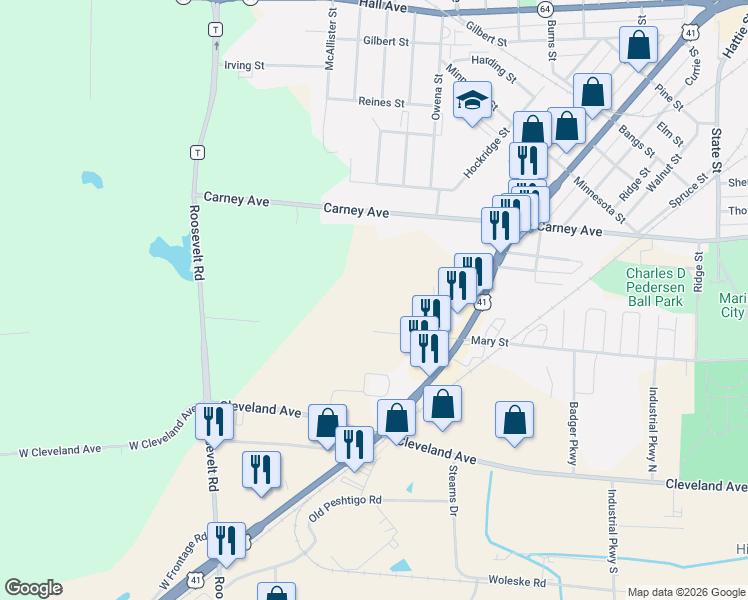 map of restaurants, bars, coffee shops, grocery stores, and more near 3220 Mary Street in Marinette